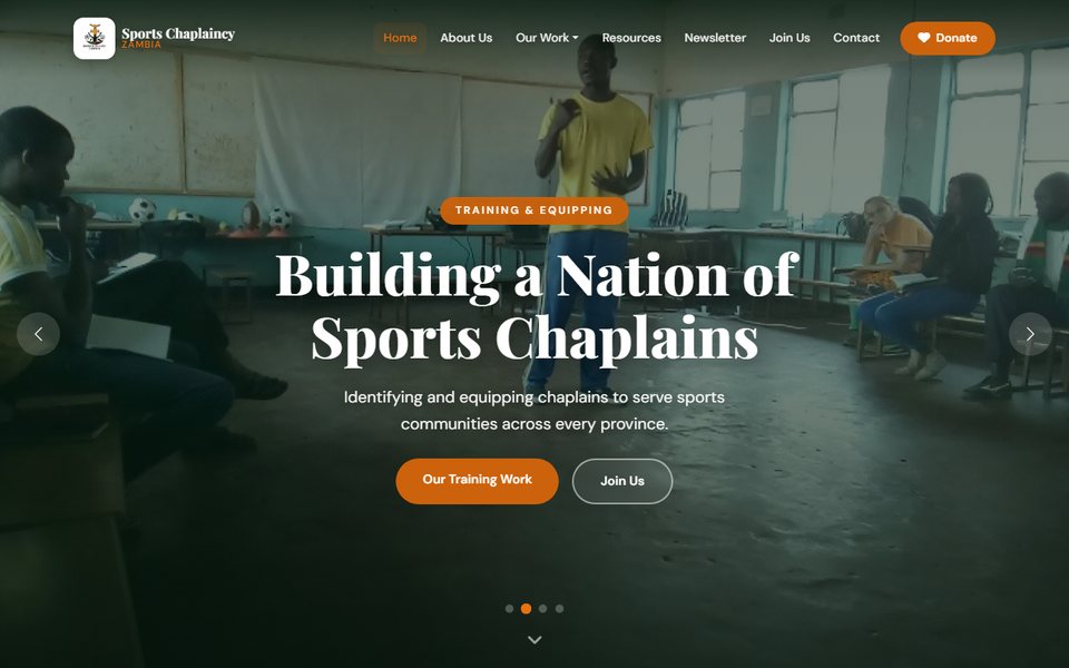 Sports Chaplaincy Zambia website home page with the headline Building a Nation of Sports Chaplains