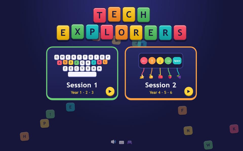 Tech Explorers home screen with colourful keyboard keys and two session cards