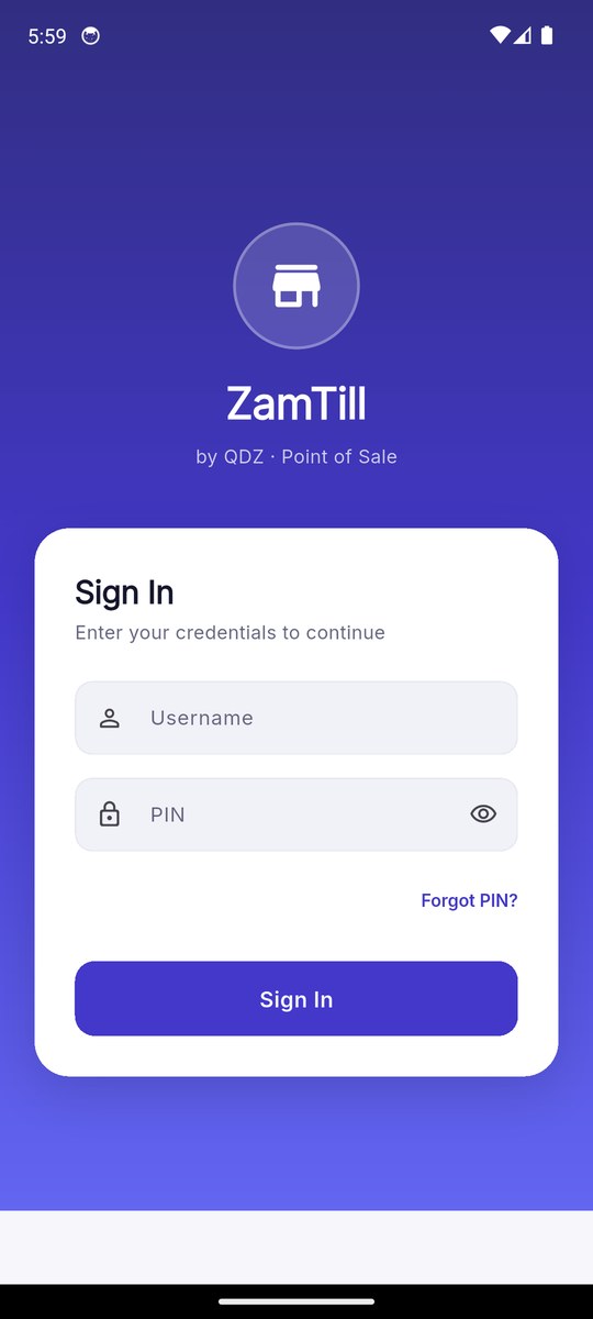 ZamTill by QDZ sign-in screen on a phone, with username and PIN fields